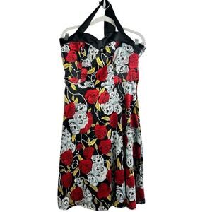 NWT Skull Roses Print Dress Tells Halter Tie Neck Fit & Flare Mini Dress Large
